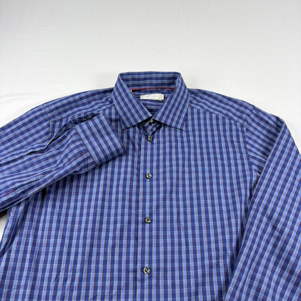 Eton Shirt Men Large Blue Plaid Button Up Contemporary Long Sleeve Formal Casual